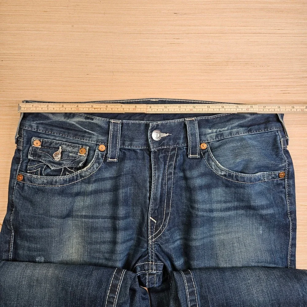 True Religion Ricky Jeans Mens 36x32 Blue Straight Leg Big T Stitch Made In USA